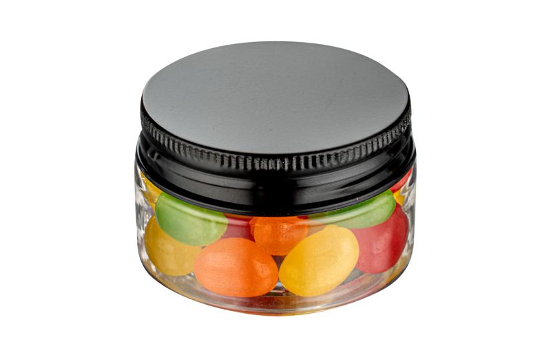 1 oz Round Clear Plastic Jar with Black Aluminum Lid