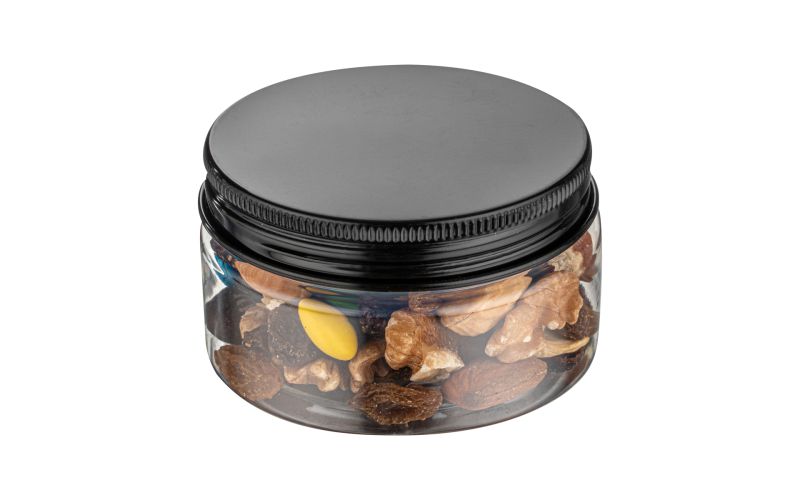 4 oz Round Clear Plastic Jar with Black Aluminum Lid