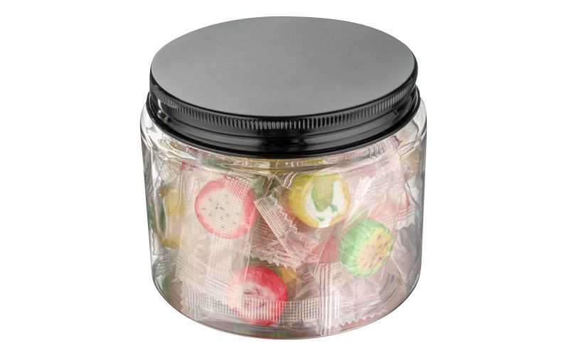 16 oz Round Clear Plastic Jar with Black Aluminum Lid