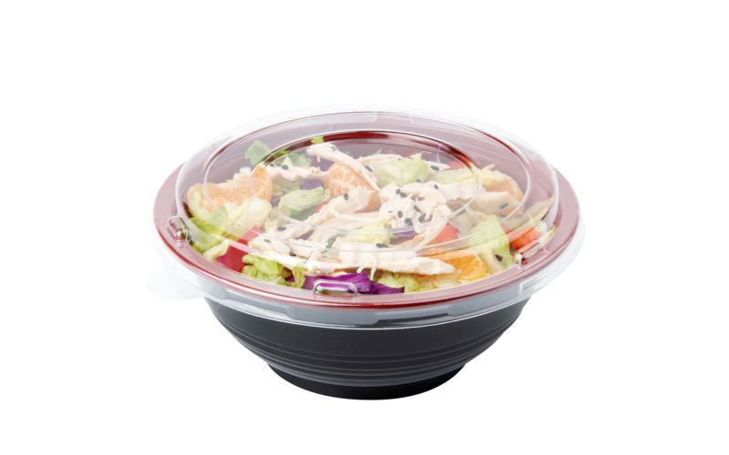 18 oz Round Black & Red Plastic Small Bowl with Clear Lid