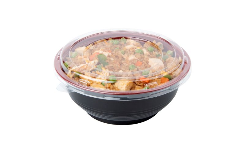 24 oz Round Black & Red Plastic Medium Bowl with Clear Lid