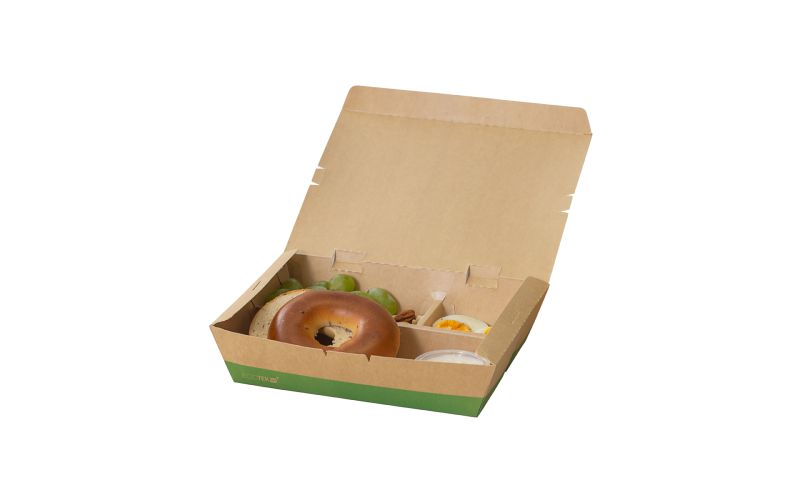 51 oz Rectangle Kraft & Green Paper Bento Box, 3-Compartment