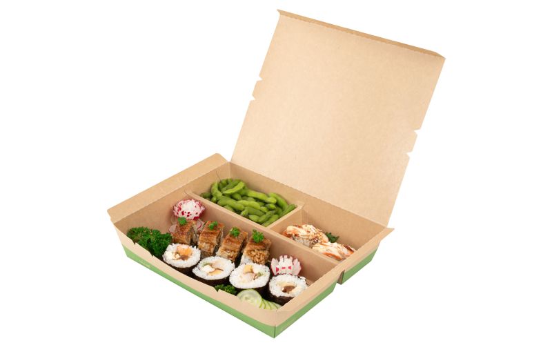78 oz Rectangle Kraft & Green Paper Bento Box, 3-Compartment
