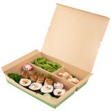 78 oz Rectangle Kraft & Green Paper Bento Box, 3-Compartment