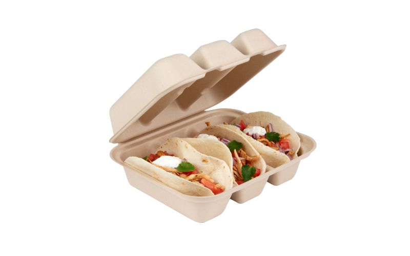 Kraft Sugarcane Taco Clamshell Container - 3-Compartment