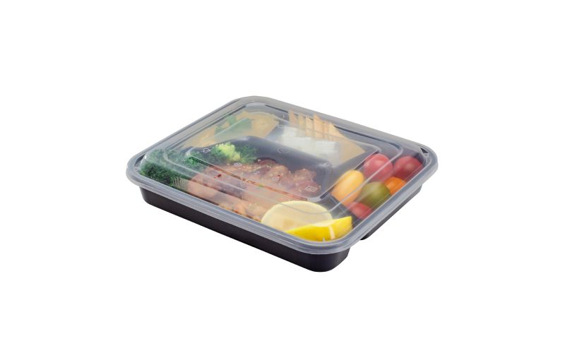 34 oz Black Plastic 4 Compartment Food Container, Clear Lid