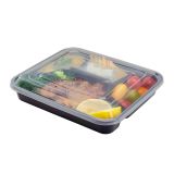 34 oz Black Plastic 4 Compartment Food Container, Clear Lid