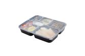 53 oz Black Plastic 6 Compartment Food Container, Clear Lid