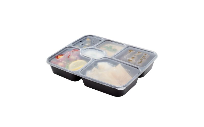 53 oz Black Plastic 6 Compartment Food Container, Clear Lid