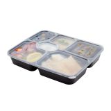 53 oz Black Plastic 6 Compartment Food Container, Clear Lid